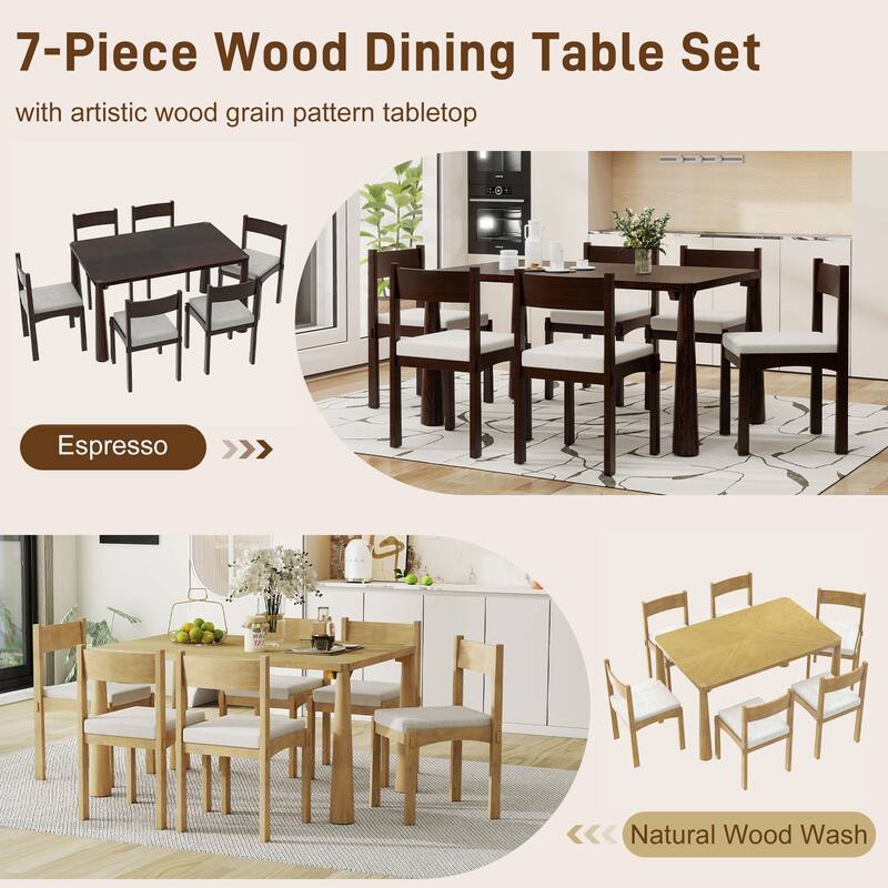 7-Piece Dining Table Set for 6, Wood Kitchen Table Set with Upholstered Chairs & Diagonal Pattern Tabletop
