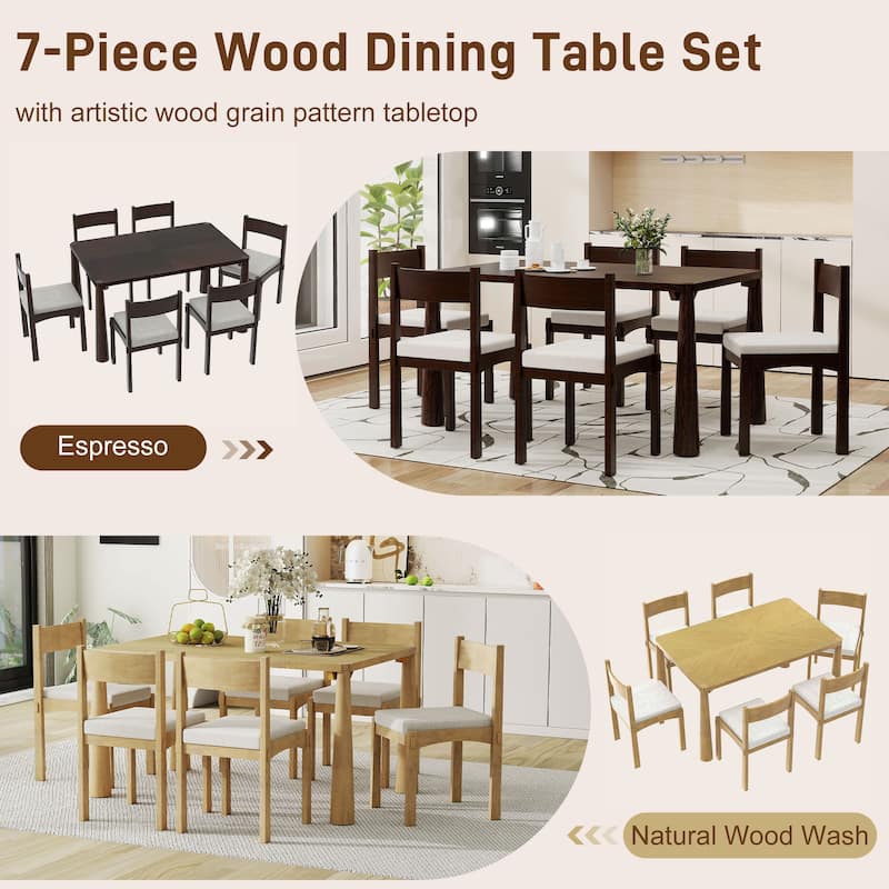 Roomfitters 7-Piece Vintage Wood Dining Set for 6 with Upholstered Chairs, Retro Kitchen or Dining Room Furniture