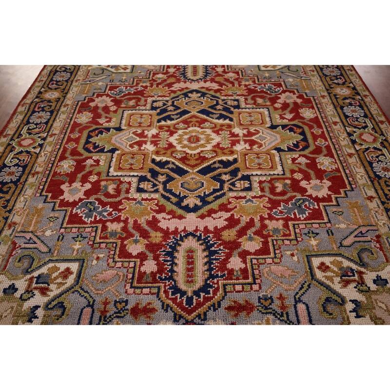 Geometric Heriz Serapi Indian Area Rug Handmade Red Wool Carpet - 7'10"x 10'0"