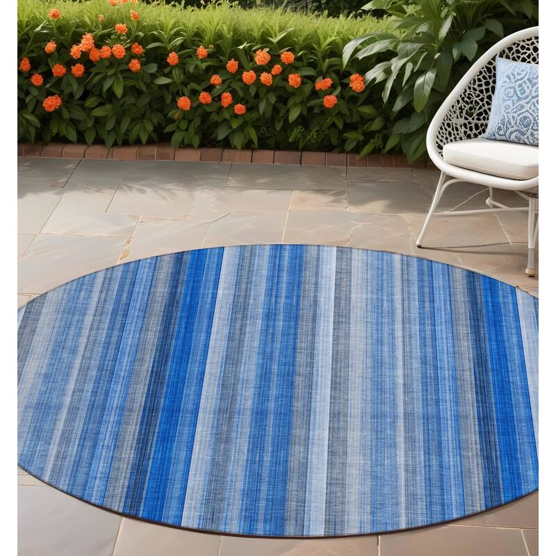 Elle Stripe Weather Resistant Timeless Fusion Outdoor Rug - 8' Round - Blue