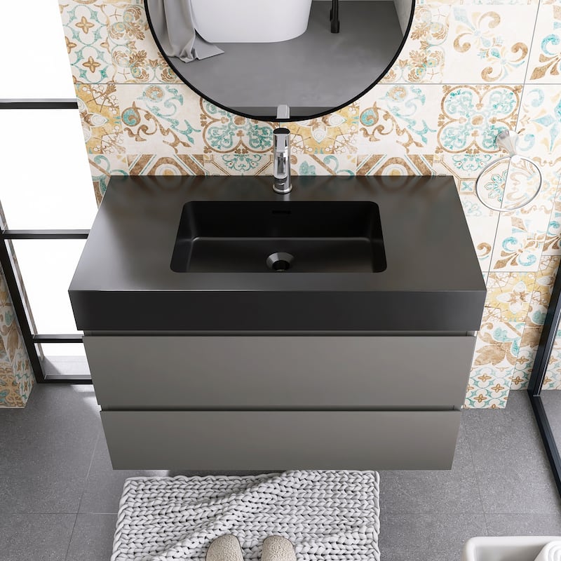 Floating Bathroom Vanity with Black Solid Surface Top
