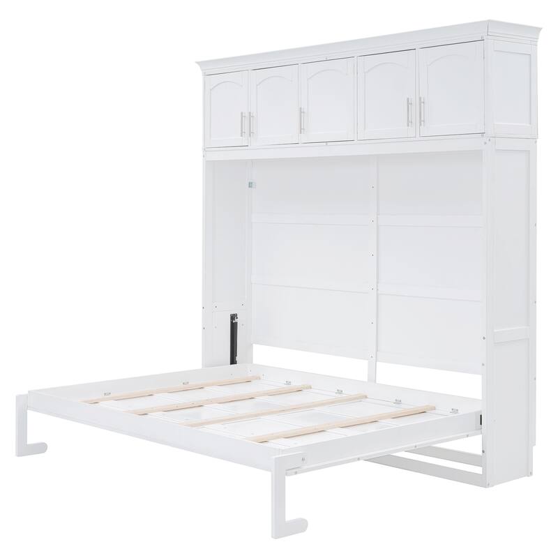 Full Size Wall Bed with Top Cabinets, White - Space-Saving Foldable Bed for Multi-Use Rooms