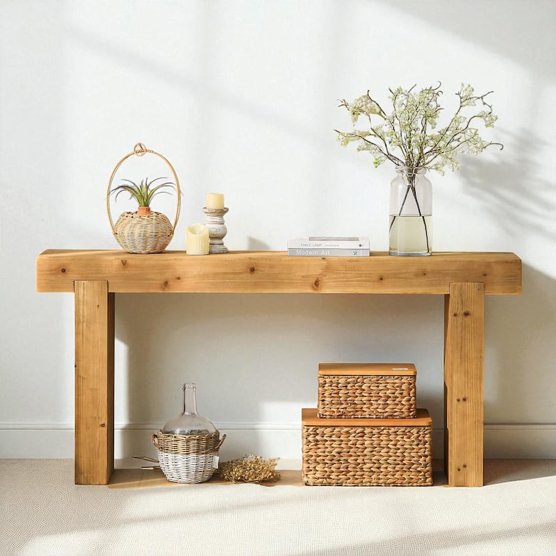 63" Solid Wood Console Table with Rustic Farmhouse Design, Narrow Entryway Hallway Sofa Table