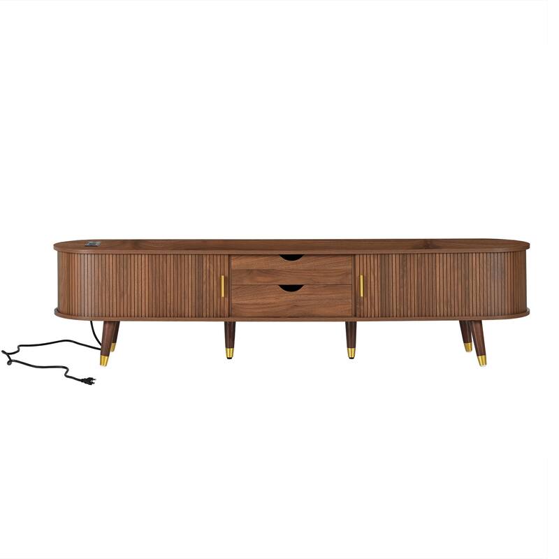 Wooden Oval Fluted TV Stand with Charging Station for TV up to 80", Mid-Century Media Console with Sliding Tambour Door