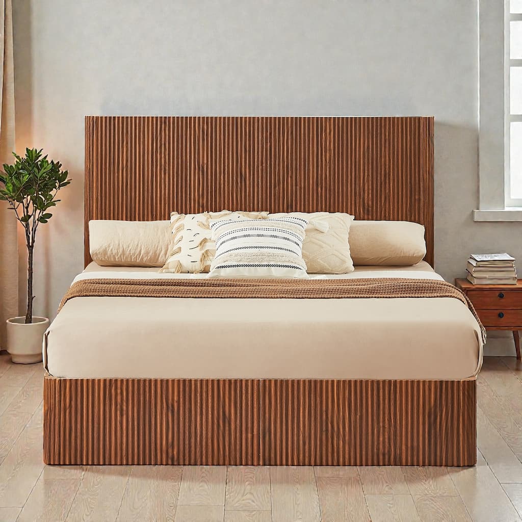 Lift Up Storage Platform Bed with Hydraulic Mechanism, Curved Corrugated Wooden Panels, No Box Spring Required