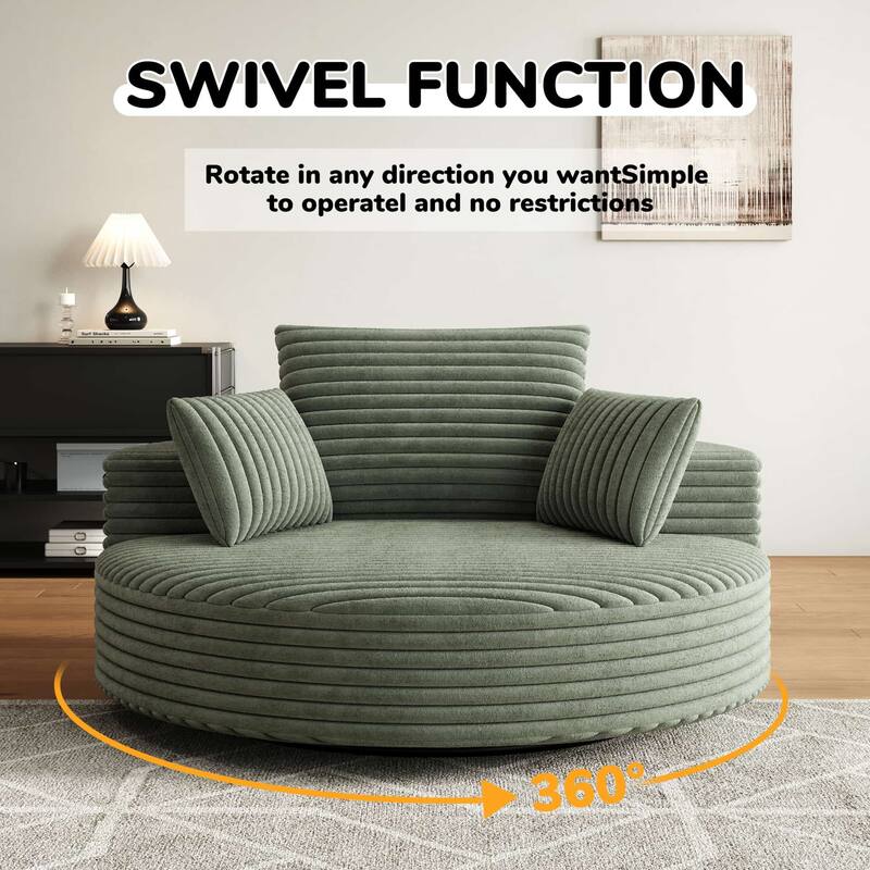 55'' L Corduroy Round Single Swivel Chair, Chaise Lounge with Pillows