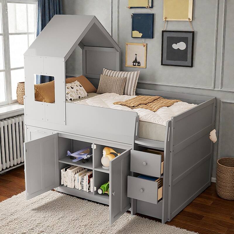 Twin Wooden Loft Bed with Rolling Desk, Storage Drawers and Cabinets, House Style Kids Loft Bed with Stairs