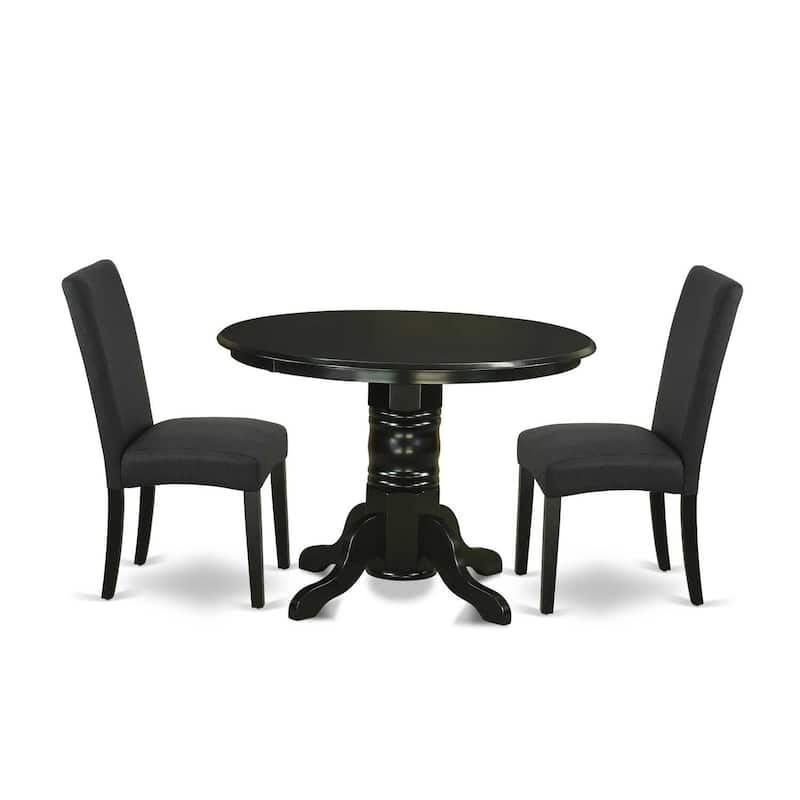 Medieval Round Dining Set - 42 Inch Table & 2 Parsons Chairs - Black Finish - Linen Fabric