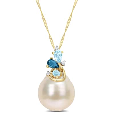 Miadora Pearl, Sky Blue Topaz, London Blue Topaz & Diamond Accent Pendant in 14k Yellow Gold
