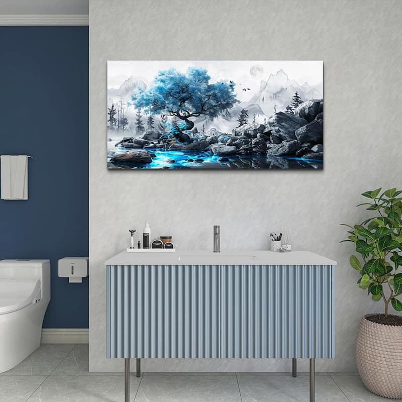 Black And White Ink Landscape Painting Blue Tree Wall Pictures Artwork