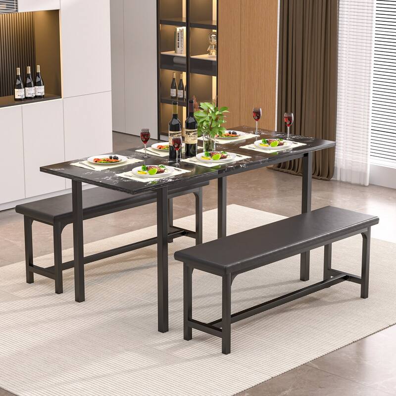 VECELO 3-Piece Dining Table Set with 2 Benches, 63" Extendable Kitchen Table & Chairs Set for 4-8, Dining Room Table
