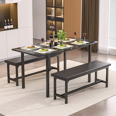 VECELO 3-Piece Dining Table Set with 2 Benches, 63" Extendable Kitchen Table & Chairs Set for 4-8, Dining Room Table