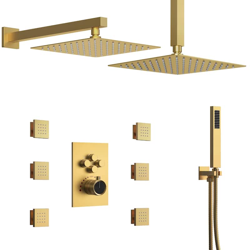 Thermostatic Dual Shower Head System ,12" High-Pressure Rainfall Shower Faucet with Four-Function Sprays