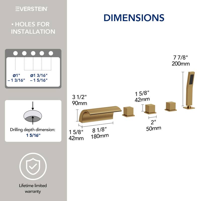5-Hole 3-Handle Deck-Mount Waterfall Tub Faucet with Hand Shower,Waterfall Spout Bathtub Faucet