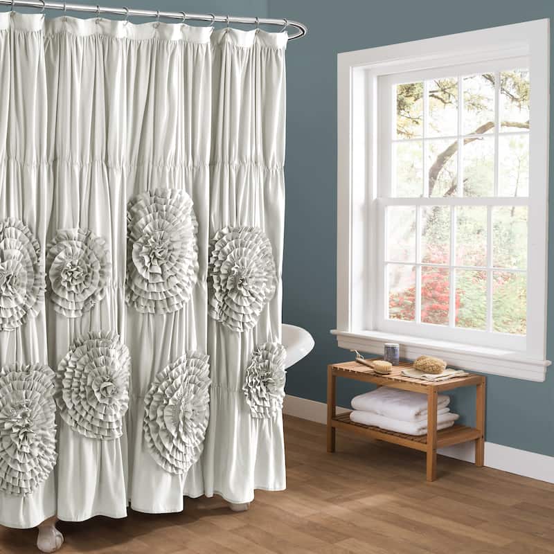 Silver Orchid Bara Ruffle Flower Trim Shower Curtain