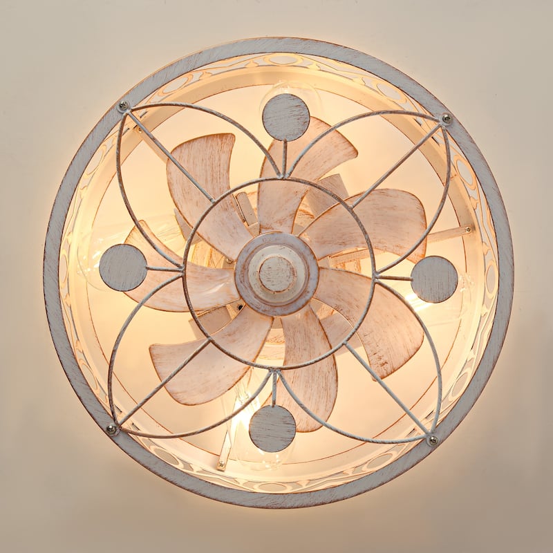 16.5in Vintage Distressed White Flush Mount Caged Ceiling Fan with Remote Light(7-Blade)