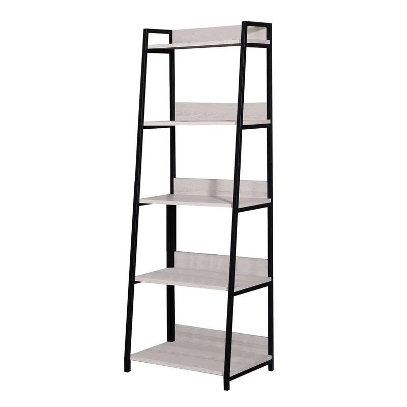 HomeRoots 67" Natural and Black Metal Five Tier Ladder Bookcase