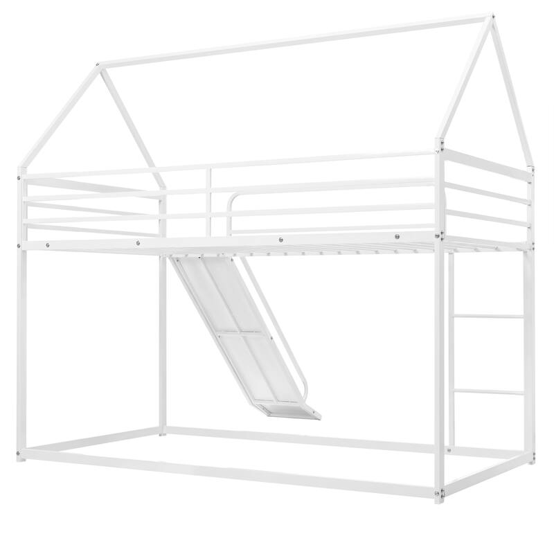 Metal Twin Over Twin Bunk Bed with Ladder and Slider, Sturdy and Safe Design