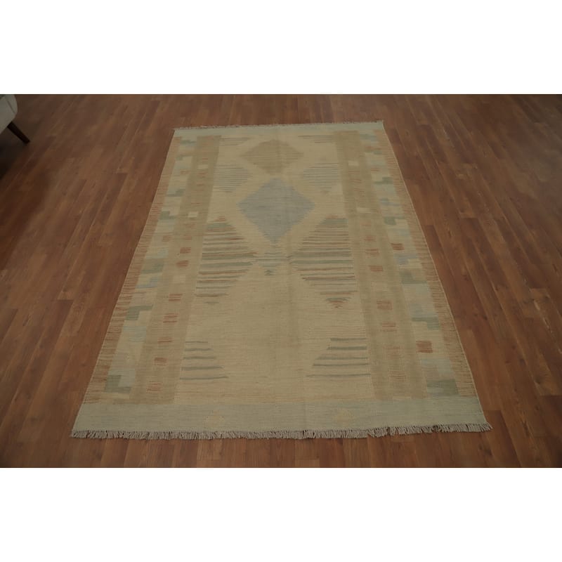 Hand Woven Oriental 100% Wool Carpet Southwestern Tribal Beige & Ivories Kilim Area Rug - 6' 10'' X 4' 9''