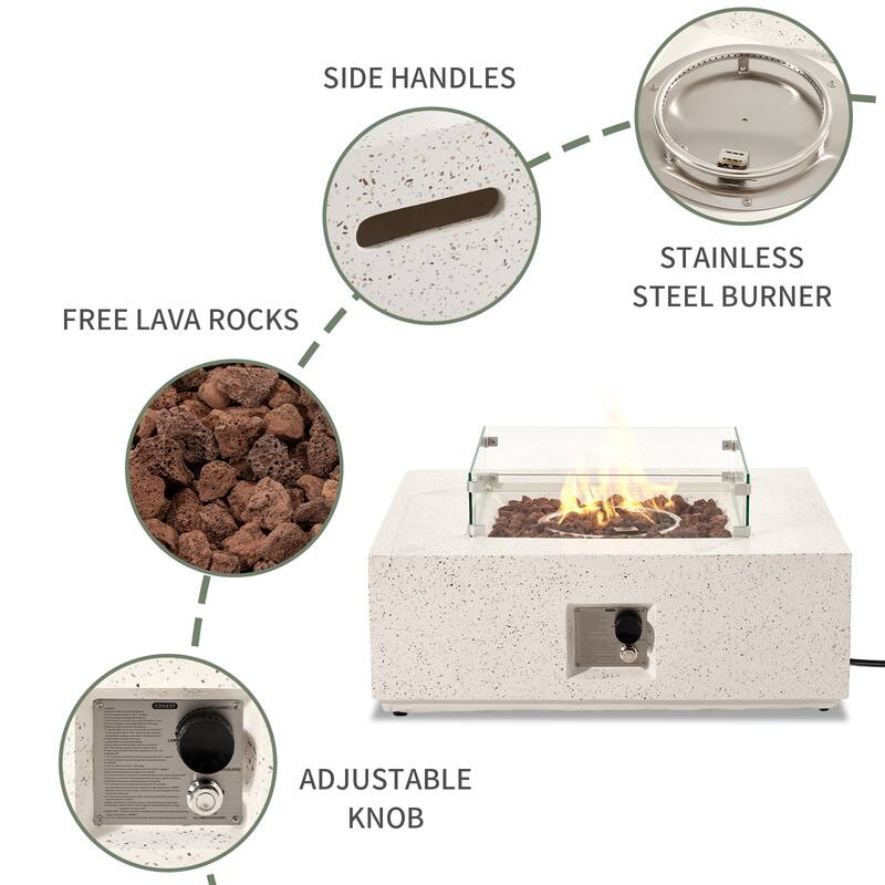 COSIEST Outdoor Ecru Square Propane Fire Pit with Wind Guard