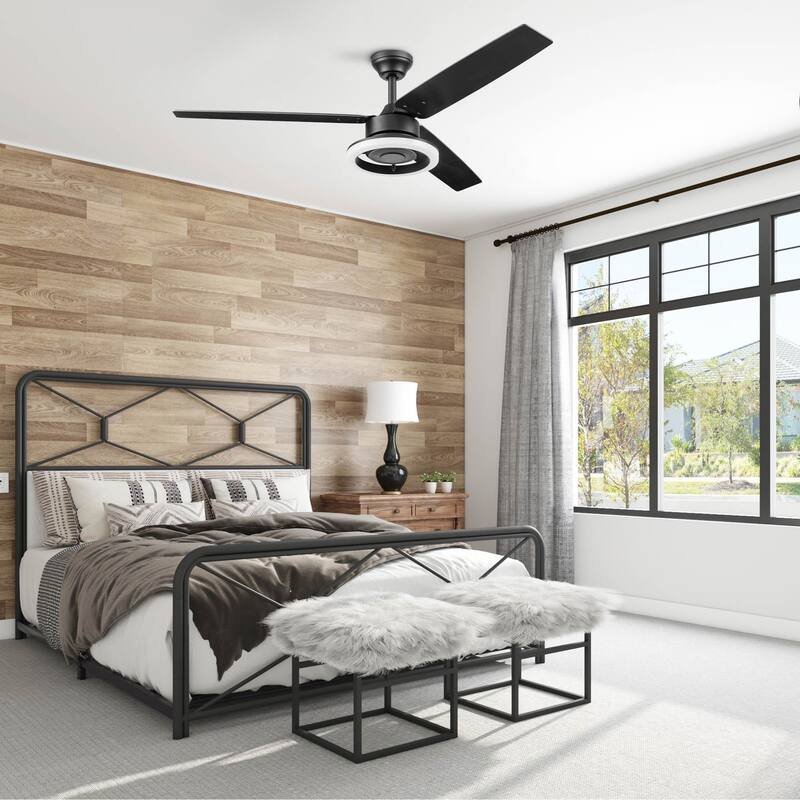 52" Prominence Home Orbis Matte Black Modern Indoor LED Ceiling Fan with Light, Remote Control