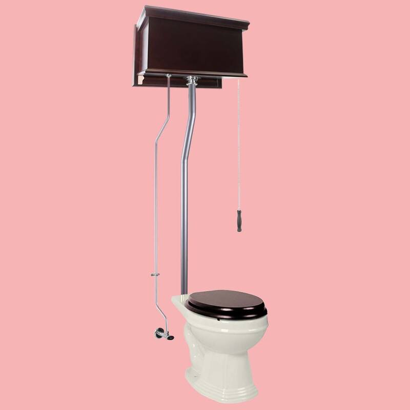 Mahogany Wooden High Tank Toilet Flat Tank, White Elongated Bowl and Brass Z Pipe