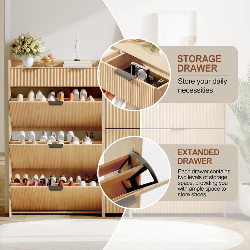 Slim Shoe Cabinet with 3 Flip Drawers & 2 Top Drawers