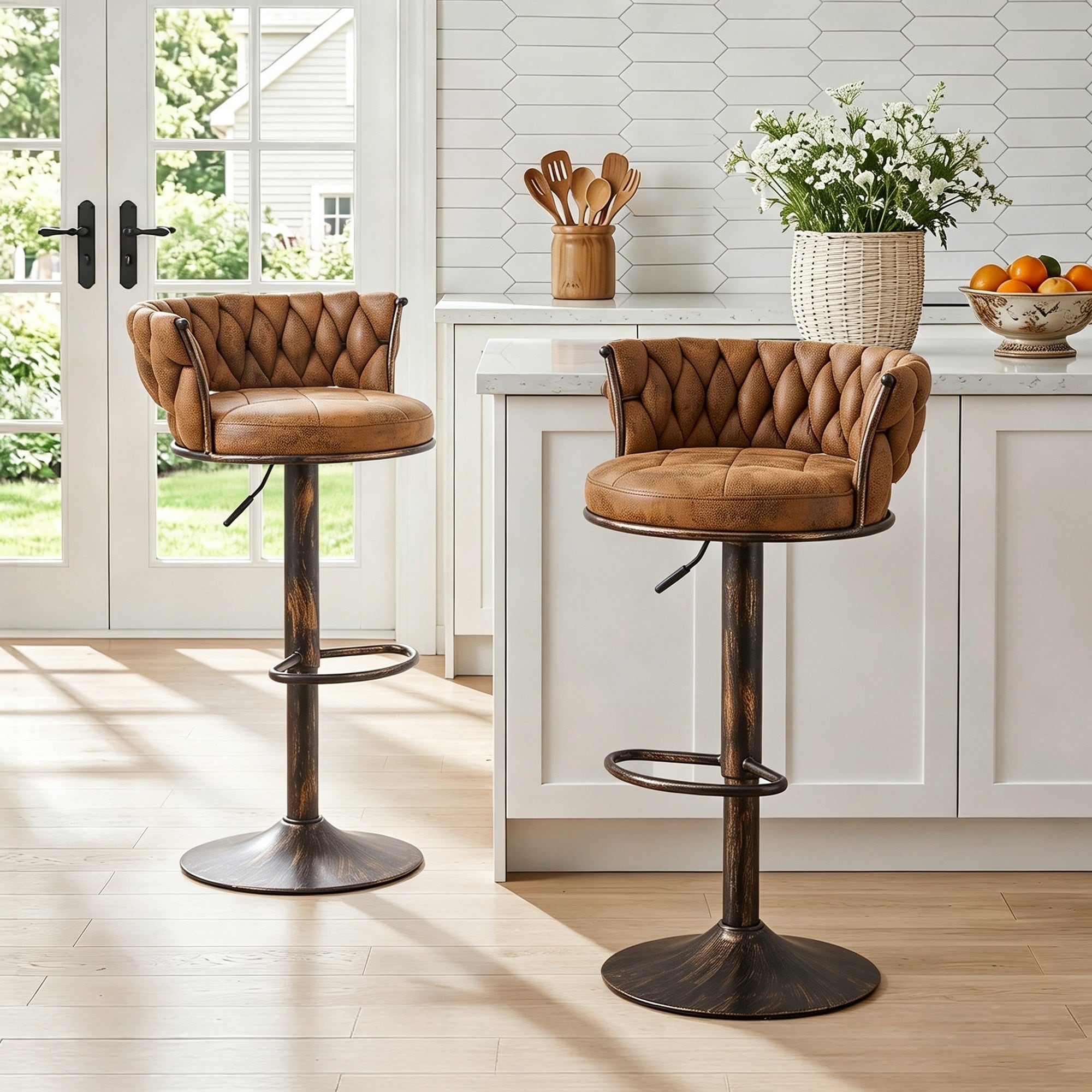 Javlergo 4 Colors Bar Stools Set of 2 Elegant Velvet Swivel Bar Stools with Adjustable Height Woven Back & Golden Base