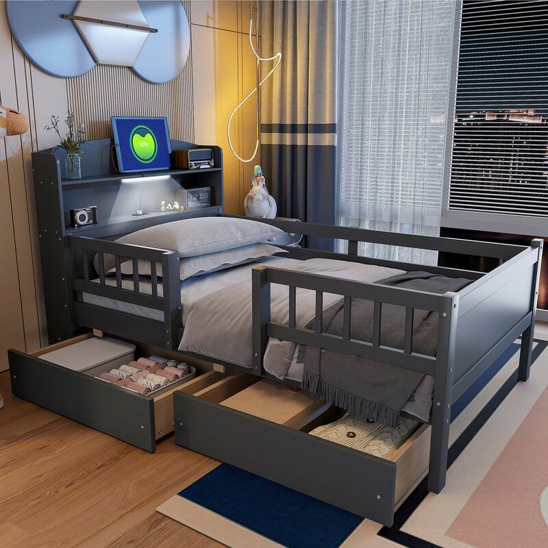 Roomfitters Wood Twin Platform Bed with Built-in LED Light, Storage Headboard, Guardrail and 2 Drawers, Grey