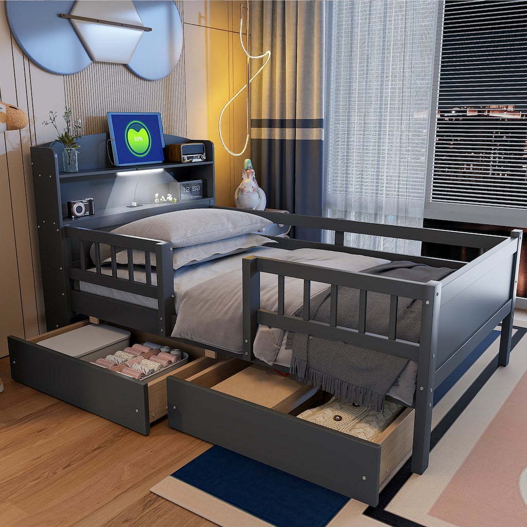 Twin Size LED Platform Bed with Multi-functional Headboard, Guardrails and Storage Drawers, Gray