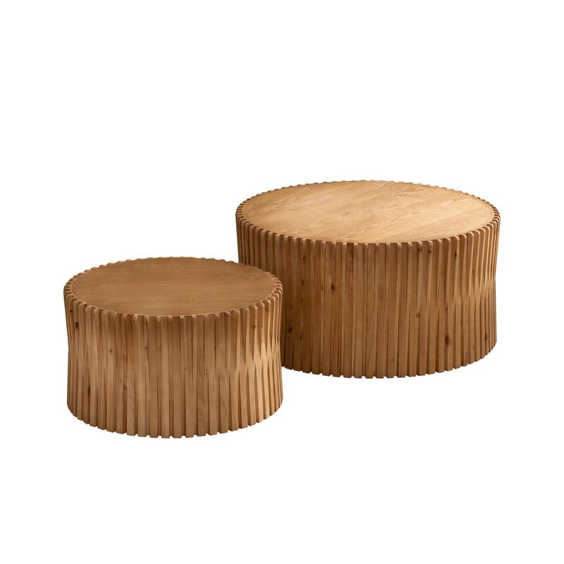 GDFStudio Kaelvin Vintage Round Nesting Coffee Table Set with Fir Wood Relief