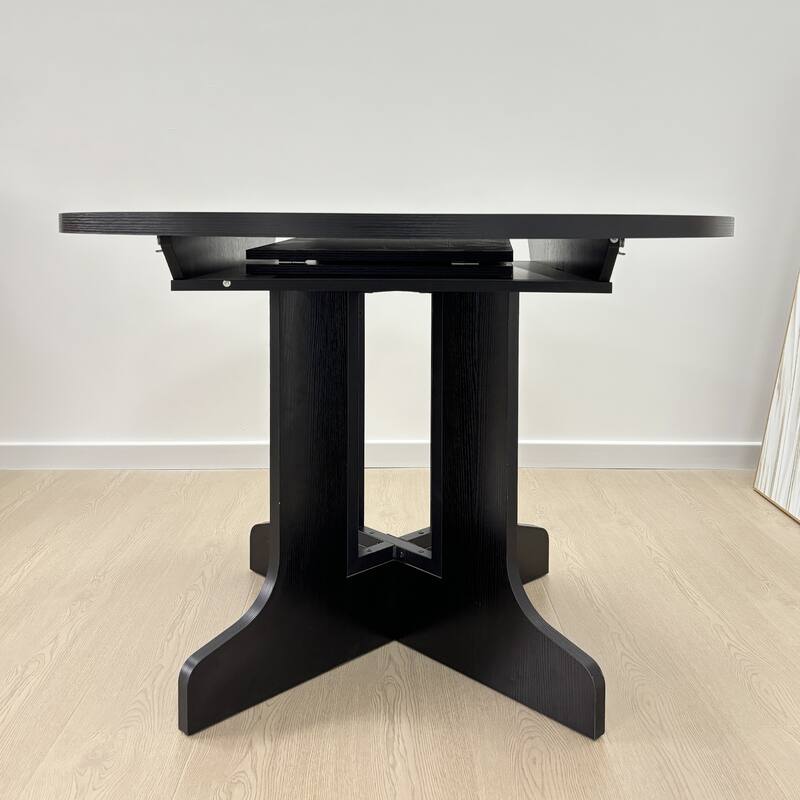 43"-59" Extendable Round Dining Table with X-Shaped Base & Removable Leaf, Kitchen Table with Adjustable Length