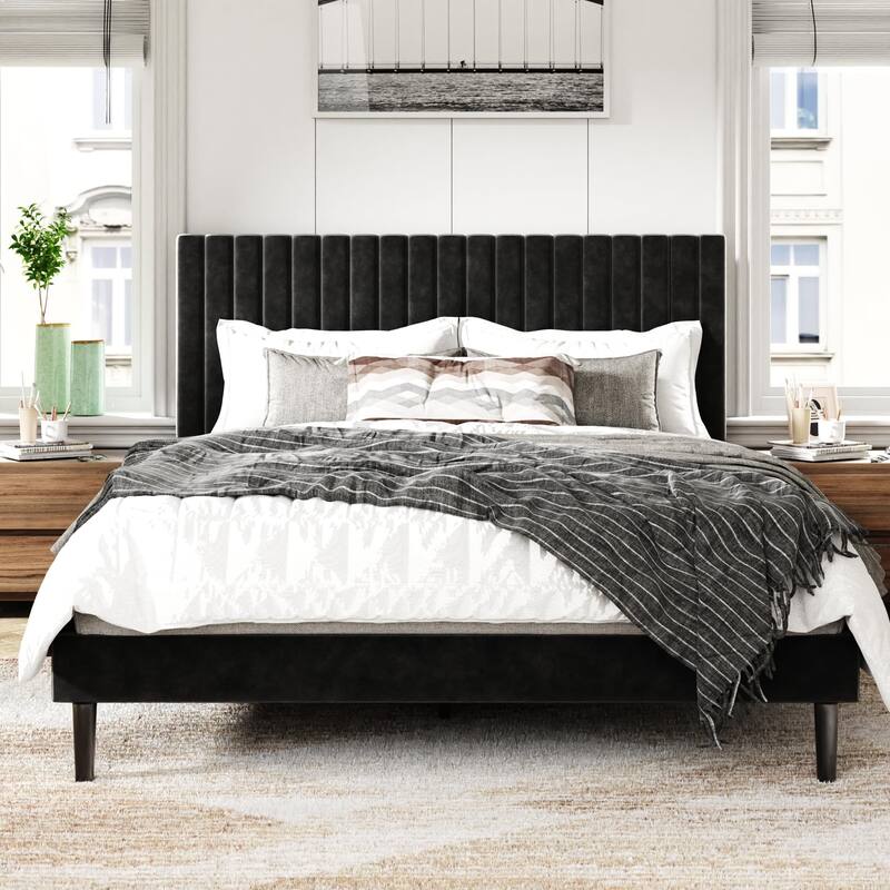 Bed Frame with Velvet Upholstered Headboard - Black - Queen