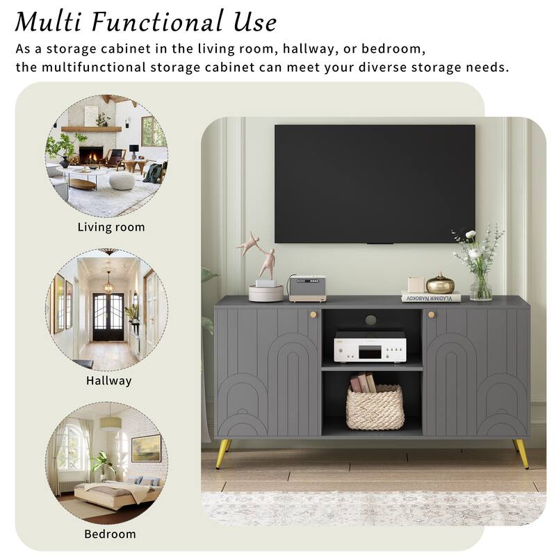 Modern 53'' TV Stand for TVs up to 55'', Media Console with Adjustable Shelf, Metal Legs & Handles, Anti-Tip Device