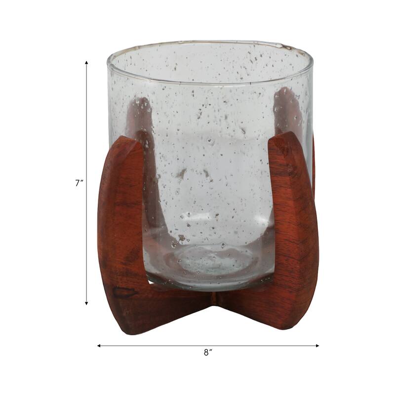Textured Glass Pillar and Taper Candle Holder with Mango Wood Base