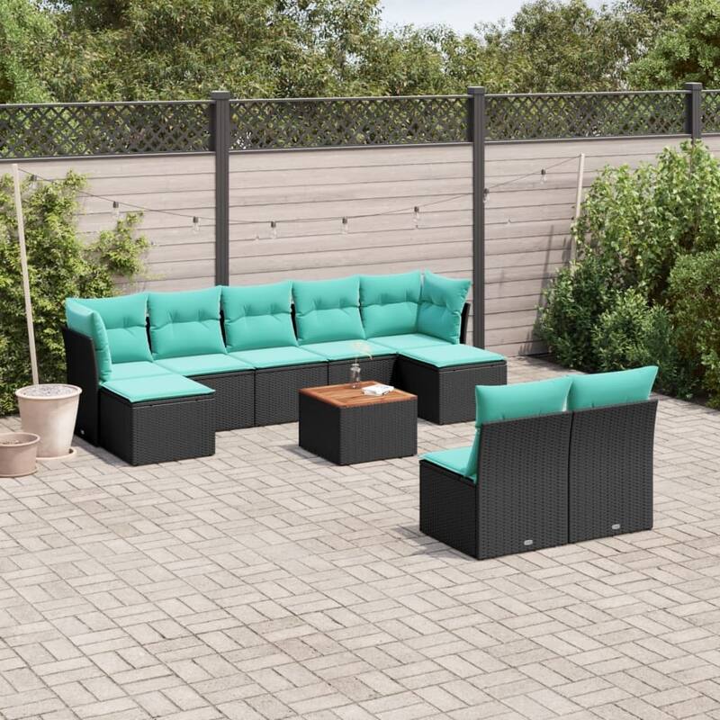 vidaXL Patio Sofa Set with Cushions Outdoor Furniture 10 Piece Poly Rattan - 24.4x 24.4x 27.2 - Black and Blue