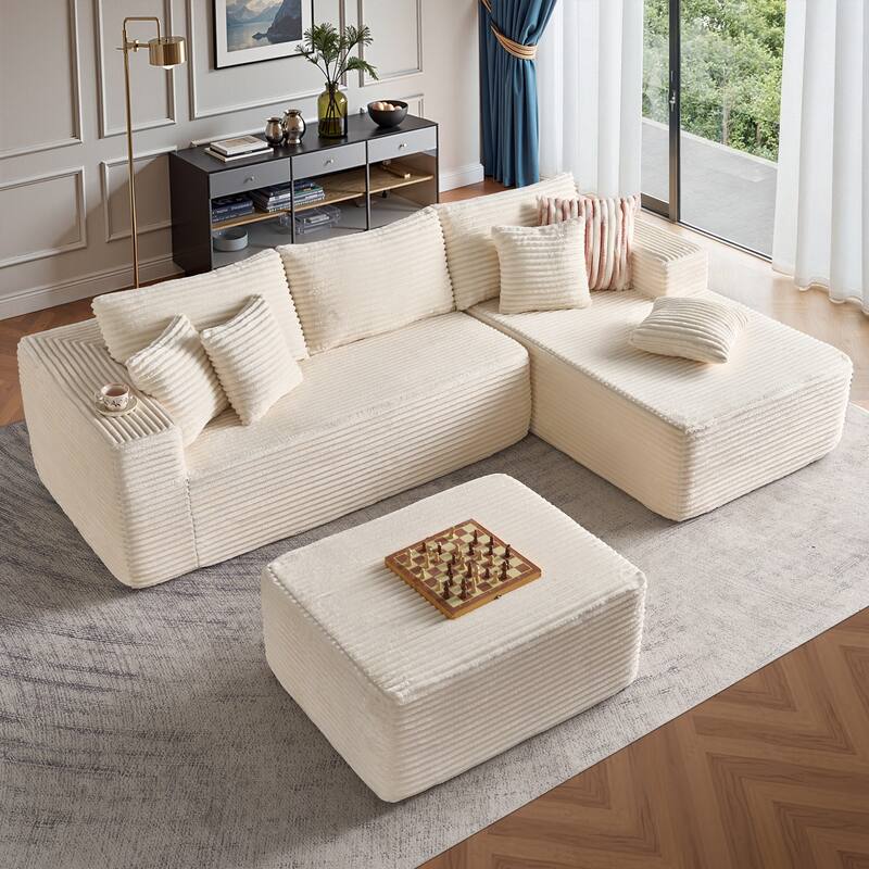 OVIOS All-Foam Cloud L-Shaped Lounger Sofa​ ​​With Ottoman​ - RightChaise-White