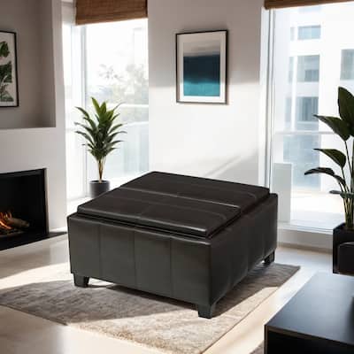 Faux Leather Storage Ottoman with Tray Top, Brown