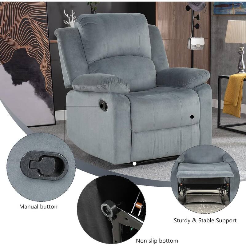 Manual Recliner Chair, Soft Fabric Overstuffed Recliner Single Sofa Chair for Living Room Bedroom - Smoke Grey