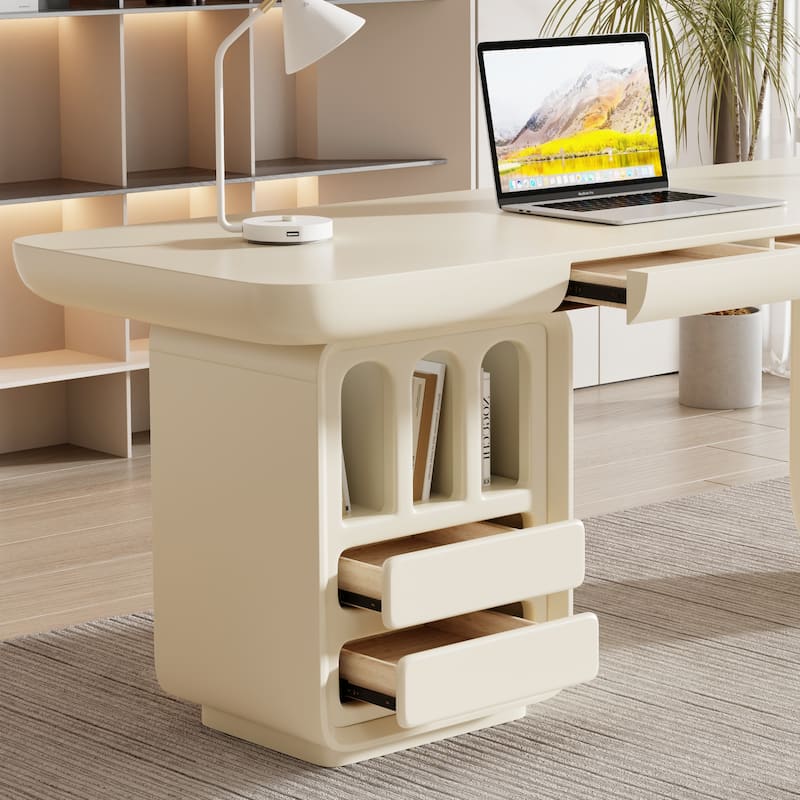 70.87" Beige Writing Desk, with 4 Drawers, Retangular Shaped, Round edges for Meeting Room