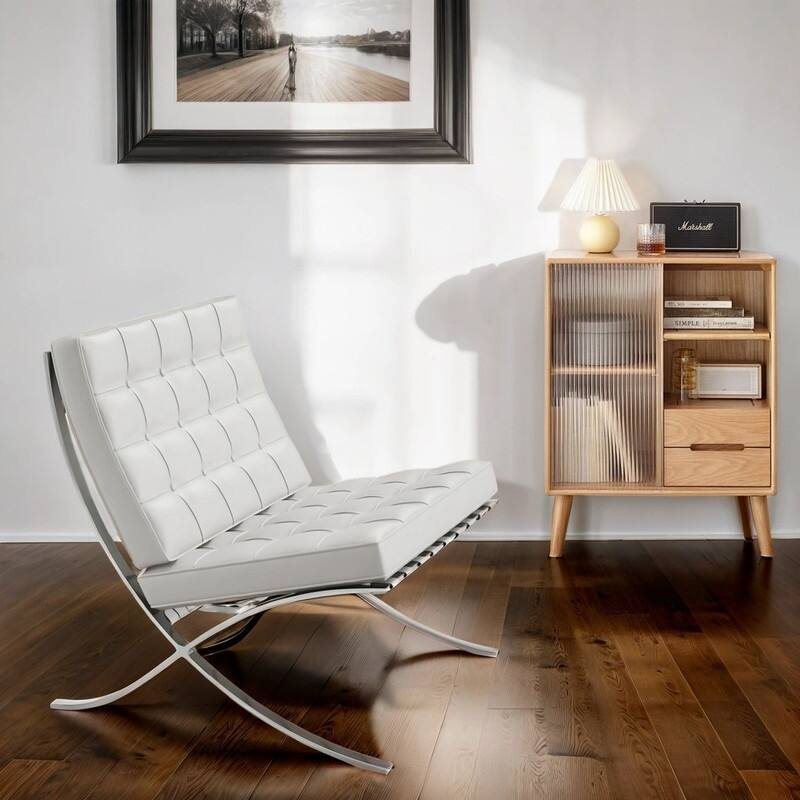 Mid Century Tufted Top Grain Leather Upholstered Lounge Chair