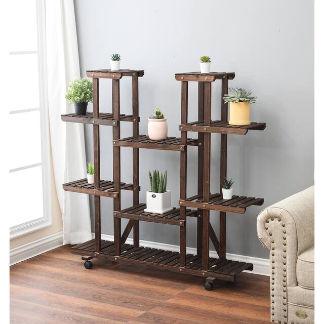 9-tier Indoor/Outdoor Wood Shelf Mobile Plant Stand
