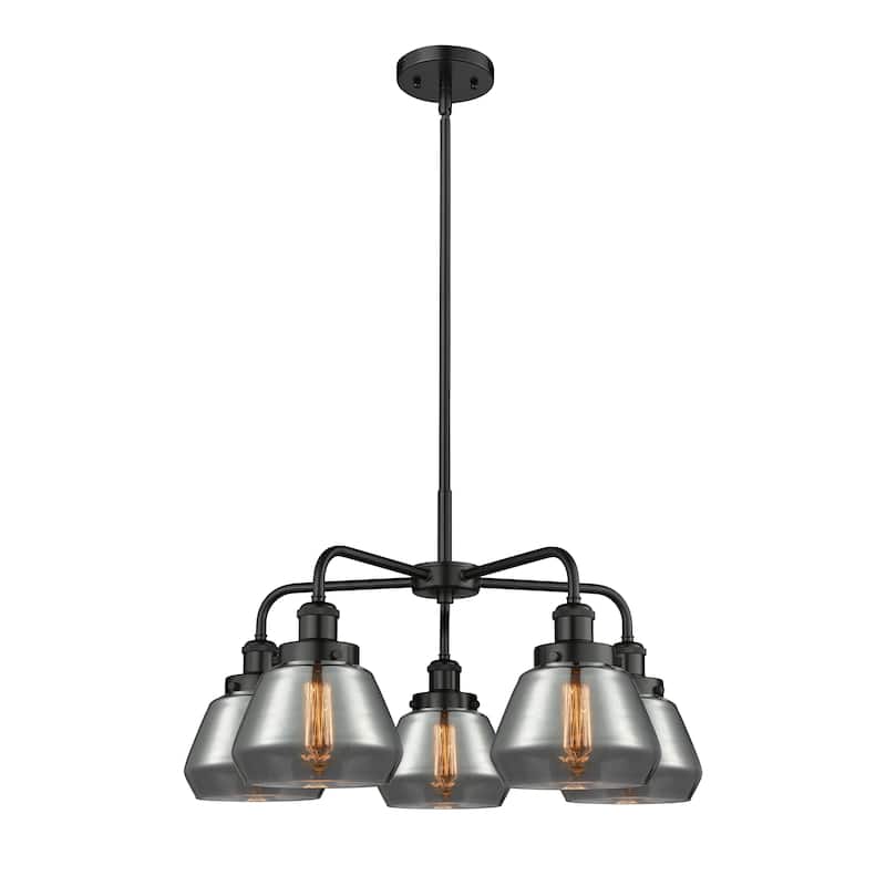 Innovations Lighting Fulton - 5 Light 25" Stem Hung Chandelier - Matte Black/Light Smoke