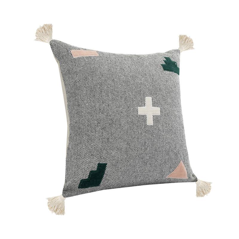 20" Gray and Black Geometric Patchwork Square Throw Pillow with Tassels