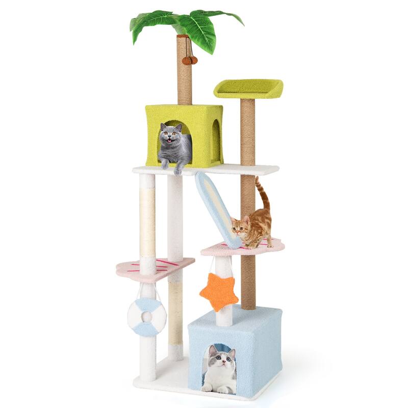Green Blue White 71 Inch Beach-Themed Cat Tree with Condos and Scratching Posts