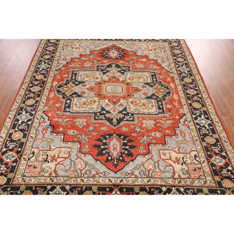 Geometric Heriz Serapi Indian Area Rug Hand-Knotted Wool Carpet - 8'11" x 12'1"