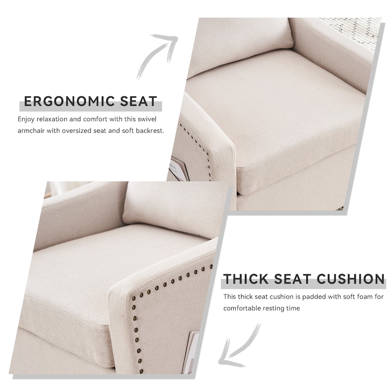 Linen Upholstered Swivel Accent Chair, Ergonomic Single Sofa Chair, Lounge Reading Chair with Nailhead Decor & Metal Base
