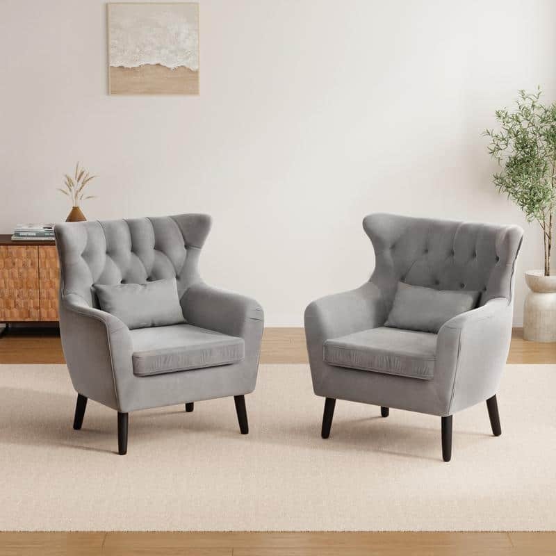 Tuft Velvet Living Room Thick Cushion Accent Chair (Set of 2) - Gray Velvet