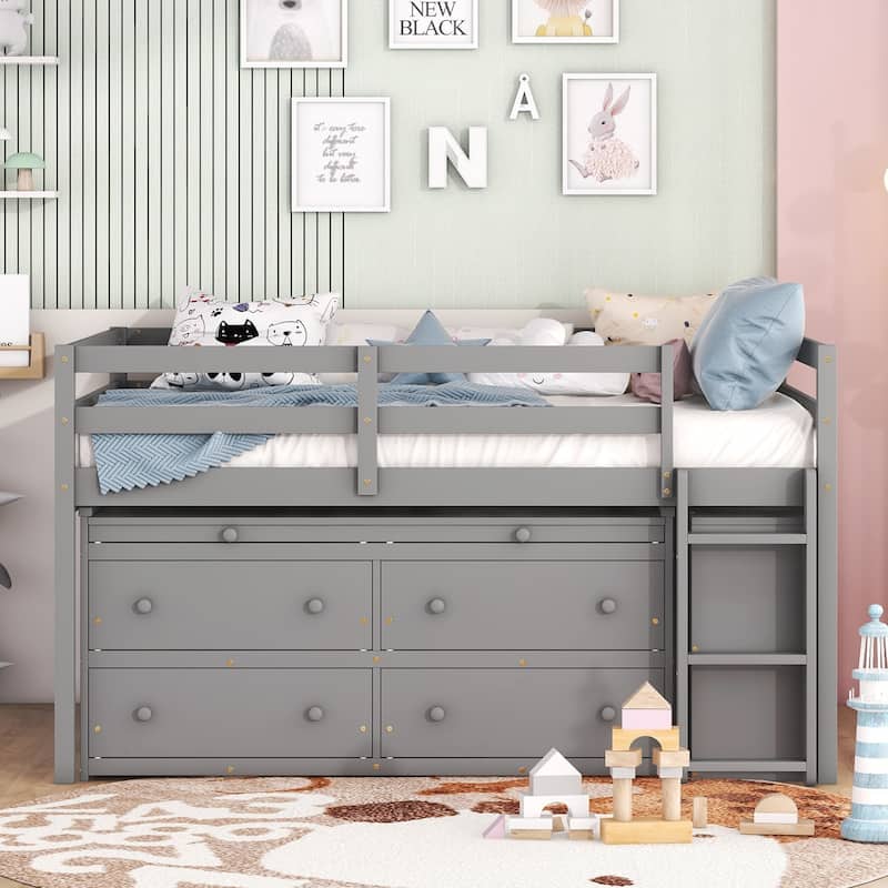 Full Size Loft Bed with Retractable Writing Desk and 4 Drawers, Wooden Loft Bed with Lateral Portable Desk and Shelves, Gray - Gray