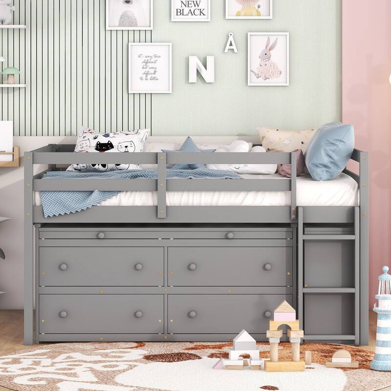 Twin/Full Size Low Loft Bed with Retractable Writing Desk and 4 Drawers, Wooden Loft Bed Frame w/ Lateral Portable Desk & Ladder